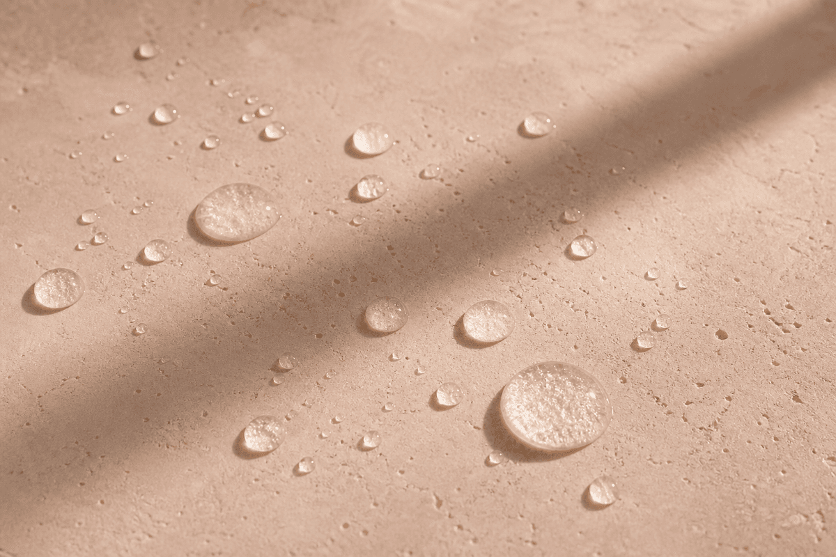 Water droplets beading on blush-toned stone in long gentle shadow