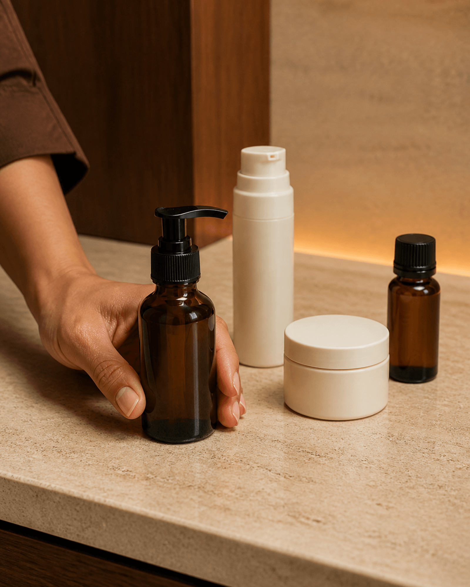A hand selects an unlabeled amber pump from four skincare containers on stone