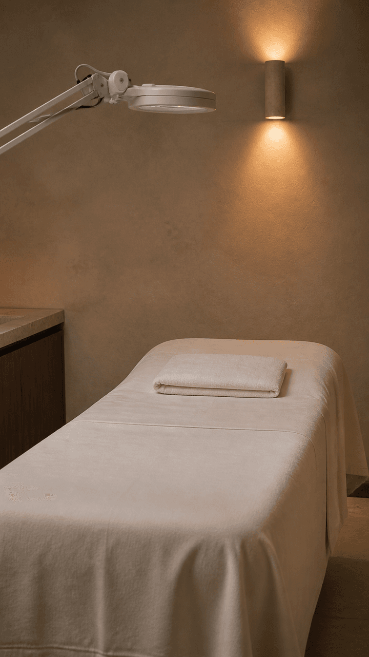 A treatment bed prepared with ivory linens beneath a magnifying lamp and warm wall light