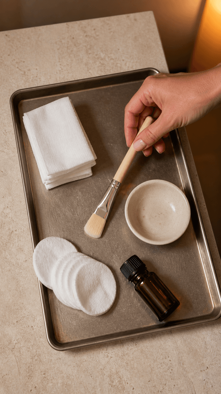 A hand lifts a brush from a tray with gauze, cotton rounds, a dish, and an amber bottle