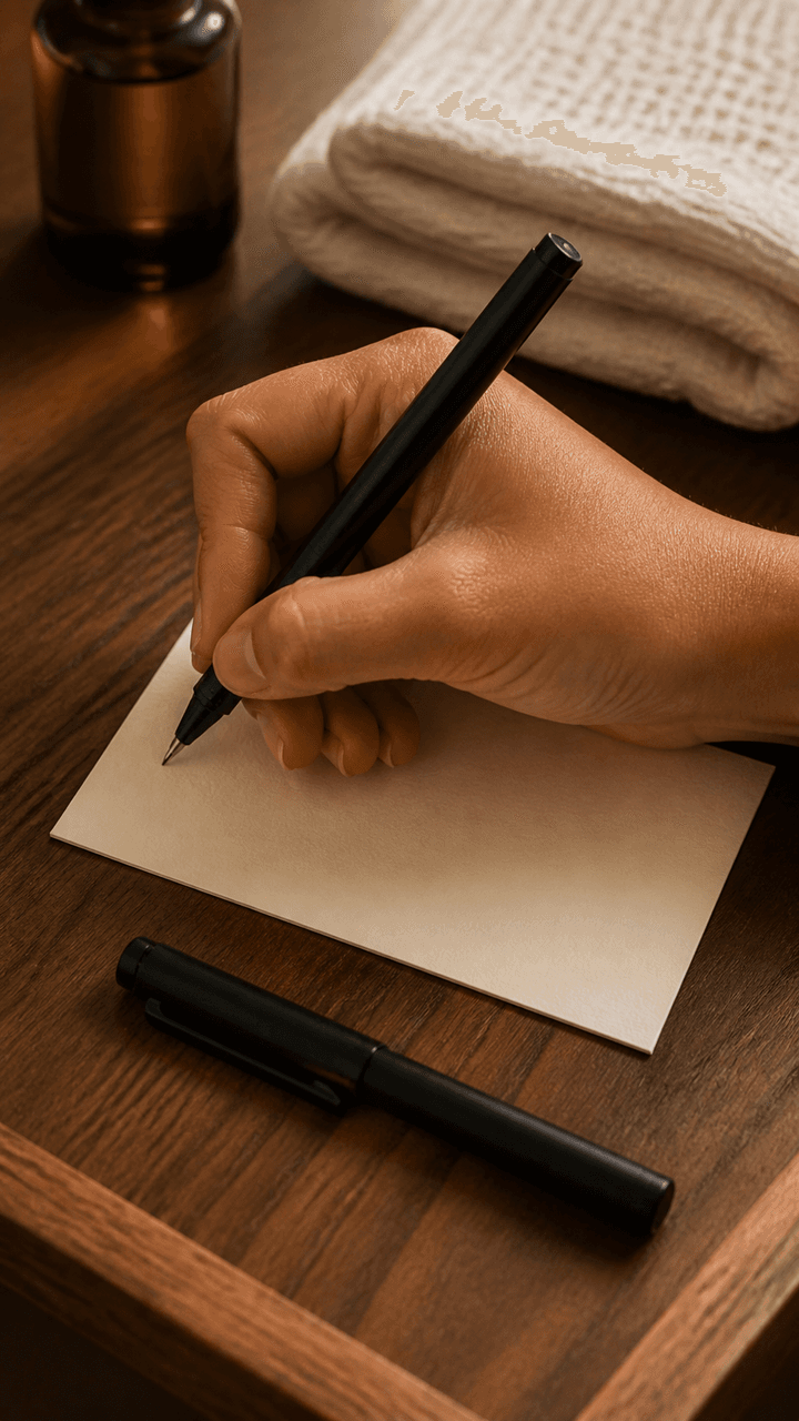 A hand holds a pen over a blank cream card on a walnut surface